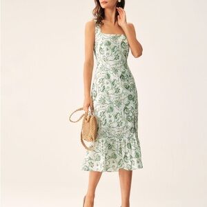 Rihoas Green‎ Floral Square Neck Midi Dress Green Sz S